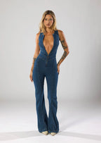 Lucie Backless Heart Denim Jumpsuit